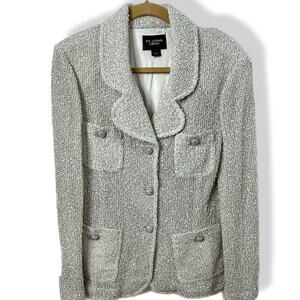 St. John Caviar knit jacket 12 beige cream silver rhinestone buttons